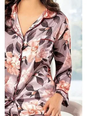 XSES Vizon Gömlek Yaka Çiçekli Saten Empirme Pijama Çeyiz Seti XSES 2000 - Alternatif Görünüm