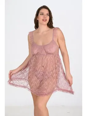 Ahu Lingerie Vizon Tül Dantel Tranparan Büyük Beden Gecelik Ahu Primoda 3044