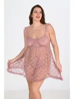 Vizon Tül Dantel Tranparan Büyük Beden Gecelik Ahu Primoda 3044 Vizon