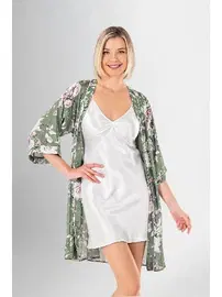 Ahu Lingerie Yakası Büzgülü Gecelik 2Li Kısa Sabahlık Takımı Ahu Loriva 1961