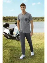 Doreanse Yakası Cepli Desenli V Yaka Erkek T-Shirt Pijama Takımı Doreanse 4803