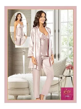 XSES Yakası Çiçekli Saten 3Lü Sabahlık Pijama Çeyiz Seti XSES 2103