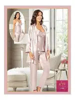 Yakası Çiçekli Saten 3Lü Sabahlık Pijama Çeyiz Seti XSES 2103 Pudra