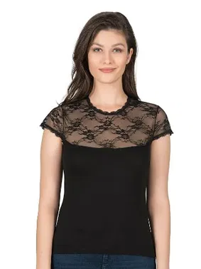 Özkan Yakası Dantel Premium Viskon Kısa Kollu Örme Kadın Bluz Özkan 7371 