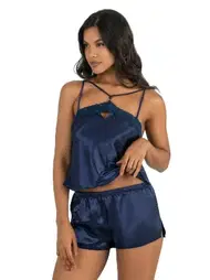 Ahu Lingerie Yakası Dantel Saten Kısa Şort Takımı Lacivert Ahu Primoda 9211