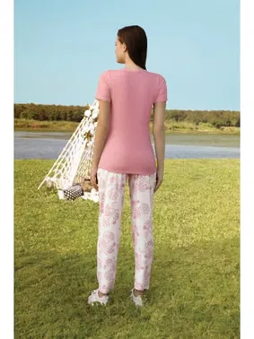 Doreanse Yakası Düğmeli Kadın Pembe Desenli T-Shirt Pijama Takımı Doreanse 4233 - Alternatif Görünüm