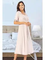 Yakası Fırfırlı Düğmeli Kısa Kollu Hamile Lohusa Gecelik XSES 2555 Pudra