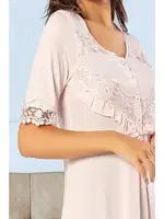 Yakası Fırfırlı Düğmeli Kısa Kollu Hamile Lohusa Gecelik XSES 2555 Pudra detay görünüm