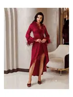 Yakası Kolları Tüylü 2li Saten Gecelik Takımı İmaj 4225 Bordo