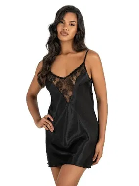 Ahu Lingerie Yakası Tül Siyah Kısa Saten Gecelik Ahu Primoda 8209