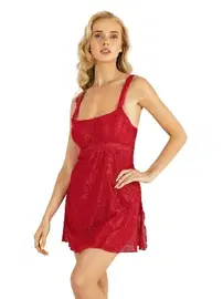 Ahu Lingerie Yandan Yırtmaçlı Kırmızı Kısa Saten Gecelik Ahu Primoda 8218