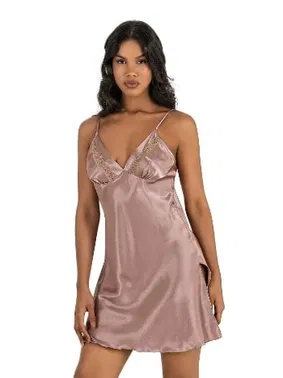 Ahu Lingerie Yandan Yırtmaçlı Vizon Kısa Saten Gecelik Ahu Primoda 8211 