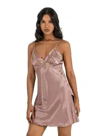 Ahu Lingerie Yandan Yırtmaçlı Vizon Kısa Saten Gecelik Ahu Primoda 8211 