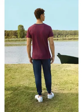 Doreanse Yanları Cepli Bisiklet Yaka Desenli Bordo Erkek T-Shirt Pijama Takımı Doreanse 4863 - Alternatif Görünüm