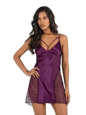 Ahu Lingerie Yanları Transparan Mor Kısa Saten Gecelik Ahu Primoda 8233