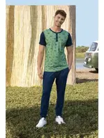 Yaprak Desenli Düğmeli Bisiklet Yaka Erkek T-Shirt Pijama Takımı Doreanse 4783 Yeşil