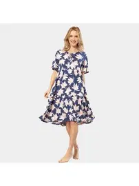 Türen Kısa Kollu Yaprak Desenli Kadın Elbise Türen 3354