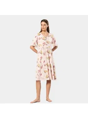 Türen Yakası Bağlamalı Yaprak Desenli Kısa Kollu Kadın Elbise Türen 3354