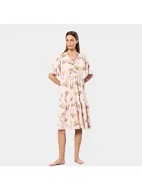 Türen Yakası Bağlamalı Yaprak Desenli Kısa Kollu Kadın Elbise Türen 3354