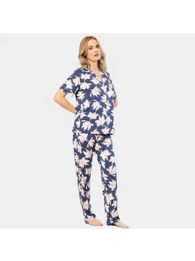 Türen Kısa Kollu Gömlek Yaka Yaprak Desenli Kadın Pijama Takımı Türen 3355