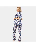 Kısa Kollu Gömlek Yaka Yaprak Desenli Kadın Pijama Takımı Türen 3355 Lacivert detay görünüm