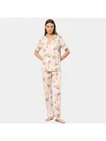 Yaprak Desenli Kısa Kollu Gömlek Yaka Kadın Pijama Takımı Türen 3355 Pudra