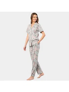 Türen Yaprak Desenli Kısa Kollu Gömlek Yaka Pijama Takımı Türen 3395 - Alternatif Görünüm