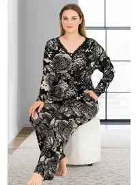 Lady Yaprak Desenli Uzun Kollu Düğmeli Büyük Beden Pijama Takımı Lady 11376