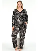 Yaprak Desenli Uzun Kollu Düğmeli Büyük Beden Pijama Takımı Lady 11376 Siyah detay görünüm