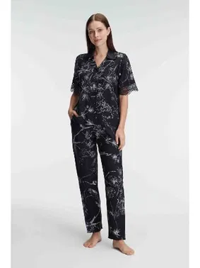 Anıl Yarım Kollu V Yaka Viskon Çiçek Desenli Yazlık Dokuma Dantel Detaylı Pijama Takımı Anıl 9895