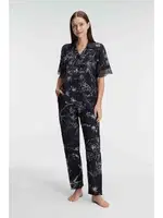 Yarım Kollu V Yaka Viskon Çiçek Desenli Yazlık Dokuma Dantel Detaylı Pijama Takımı Anıl 9895 Siyah