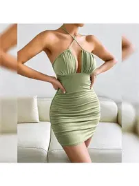 Pink Night Yeşil Boyun Askılı Dar Mini Seksi Elbise Pink Night 2230