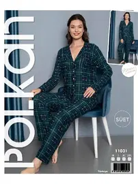 Polkan Yeşil Çizgili Önden Düğmeli Uzun Kollu Süet Pijama Takım Polkan 11031