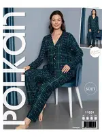 Yeşil Çizgili Önden Düğmeli Uzun Kollu Süet Pijama Takım Polkan 11031 Yeşil