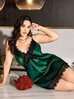 Yeşil Dantelli Askılı Saten Büyük Beden Fantezi Gecelik Pink Night 6686 Yeşil farklı açı