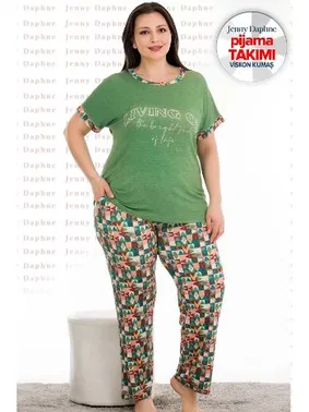 Lady Yeşil Desenli Yazlık Büyük Beden Pijama Takımı Lady 10935