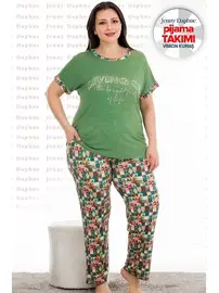 Lady Yeşil Desenli Yazlık Büyük Beden Pijama Takımı Lady 10935