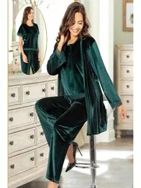 XSES Yeşil Kadife Sabahlıklı Lohusa Pijama Takımı XSES 5200 