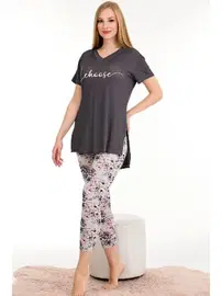 Lady Yeşil Viskon Kumaş Desenli Kısa Kollu Rahat Kesim Kapri Pijama Takımı Lady 12062