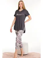 Yeşil Viskon Kumaş Desenli Kısa Kollu Rahat Kesim Kapri Pijama Takımı Lady 12062 Yeşil