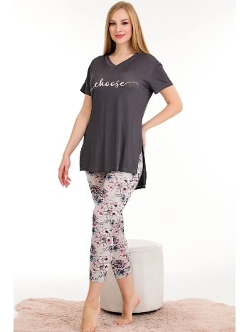 Yeşil Viskon Kumaş Desenli Kısa Kollu Rahat Kesim Kapri Pijama Takımı Lady 12062