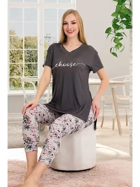 Lady Yeşil Viskon Kumaş Desenli Kısa Kollu Rahat Kesim Kapri Pijama Takımı Lady 12062 - Alternatif Görünüm