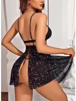 Yıldız Işıltılı Seksi Kadın Fantazi Gecelik Lily Bianca LB-138 Siyah detay görünüm