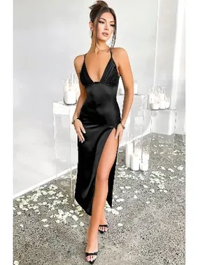 Pink Night Yırtmaçlı Çapraz Askılı Dekolteli Uzun Seksi Saten Elbise Pink Night 5518