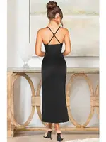 Yırtmaçlı Çapraz Askılı Dekolteli Uzun Seksi Saten Elbise Pink Night 5518 Siyah detay görünüm