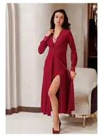 Yırtmaçlı Dantelli Sırt Çapraz Askılı 2li Saten Gecelik Takımı İmaj 4220 Bordo