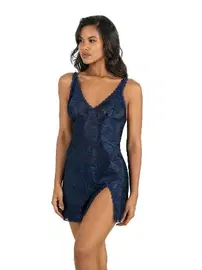 Ahu Lingerie Yırtmaçlı Lacivert Kısa Saten Gecelik Ahu Primoda 8222