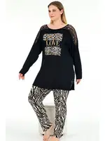 Zebra Desenli Uzun Kollu Büyük Beden Viskon Kumaş Pijama Takımı Lady 11392 Siyah detay görünüm