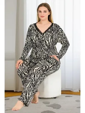 Lady Zebra Desenli Uzun Kollu Düğmeli Büyük Beden Viskon Lady Pijama Takımı 11377