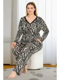 Lady Zebra Desenli Uzun Kollu Düğmeli Büyük Beden Viskon Lady Pijama Takımı 11377